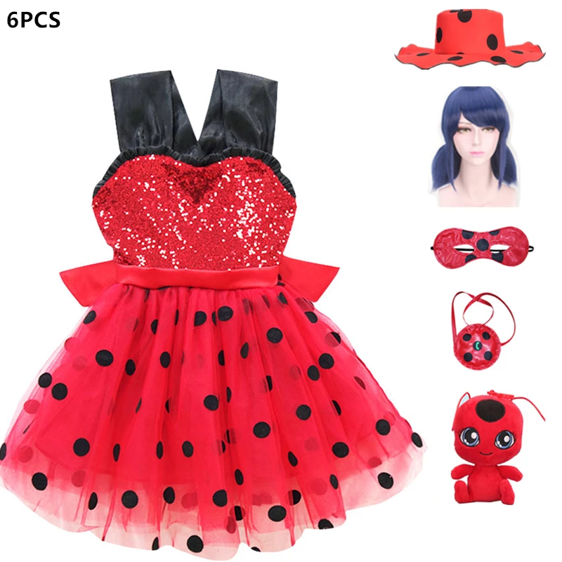 

2021 New Carnival Redbug cosplay Girls Dress Summer Clothes Red bug Party Dress Children's day Lace Dot Baby Girls Dresses