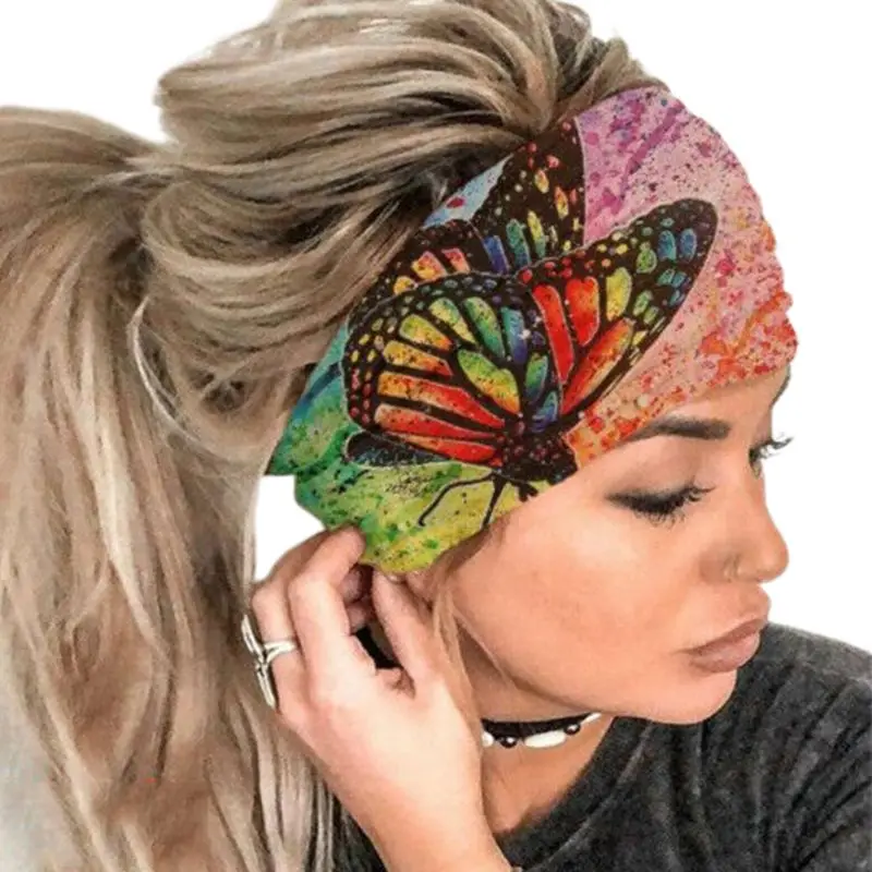 

Women Stretch Sport Headband Multicolored Butterfly Print Yoga Sweat Hair Band