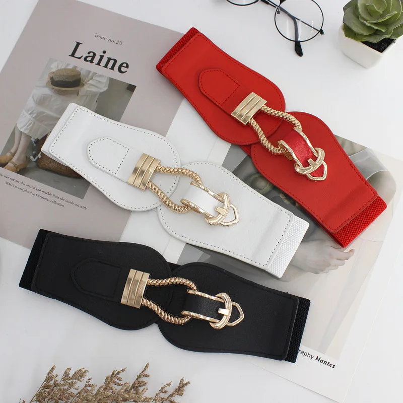 

Women Wide Belt Elastic Vintage Buckle Leather Wide Buckle Women's Belt Waist Seal Belt Dress Waistband
