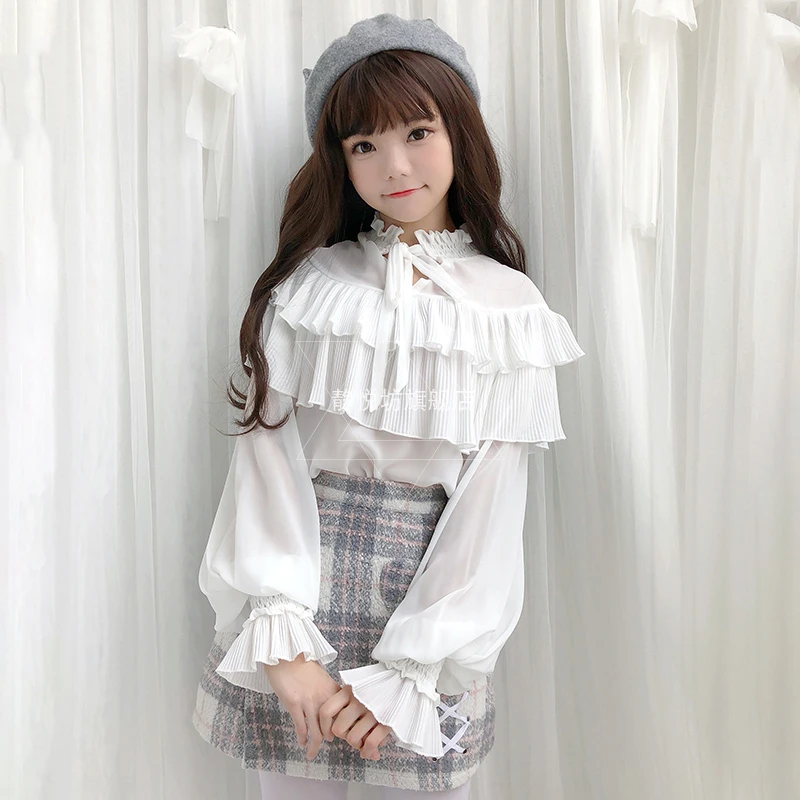 Японский каваи девушка Ежедневно сладкий Лолита рубашка Винтаж falbala фонарь рукав