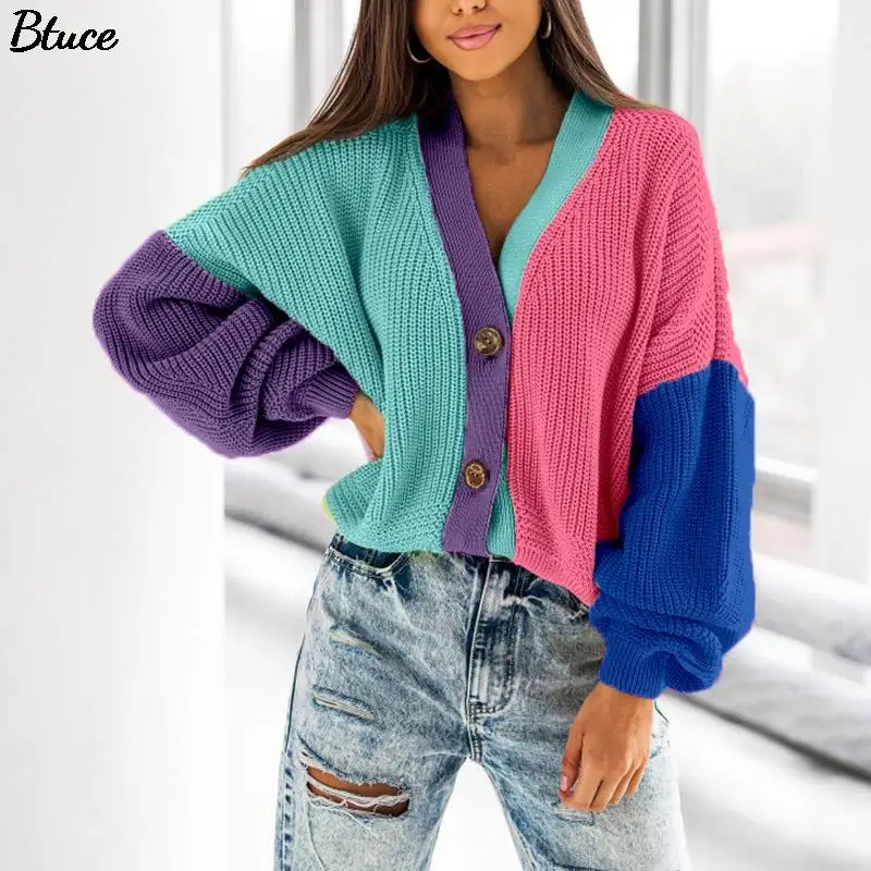 

Женский вязаный свитер в стиле пэчворк, осенний кардиган с V-образным вырезом и рукавами-фонариками, короткий топ на пуговицах, женский своб...