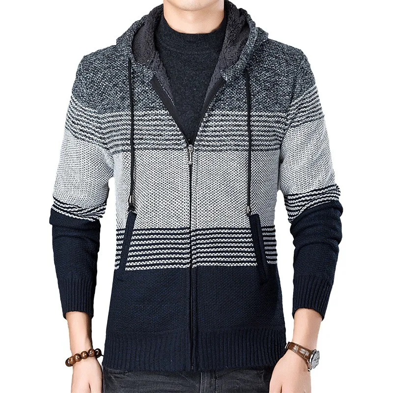 

2020 Korean sweater men's sweater Autumn winter with velvet thickened zipper hooded cardigan coat loose Korean woolen yarn