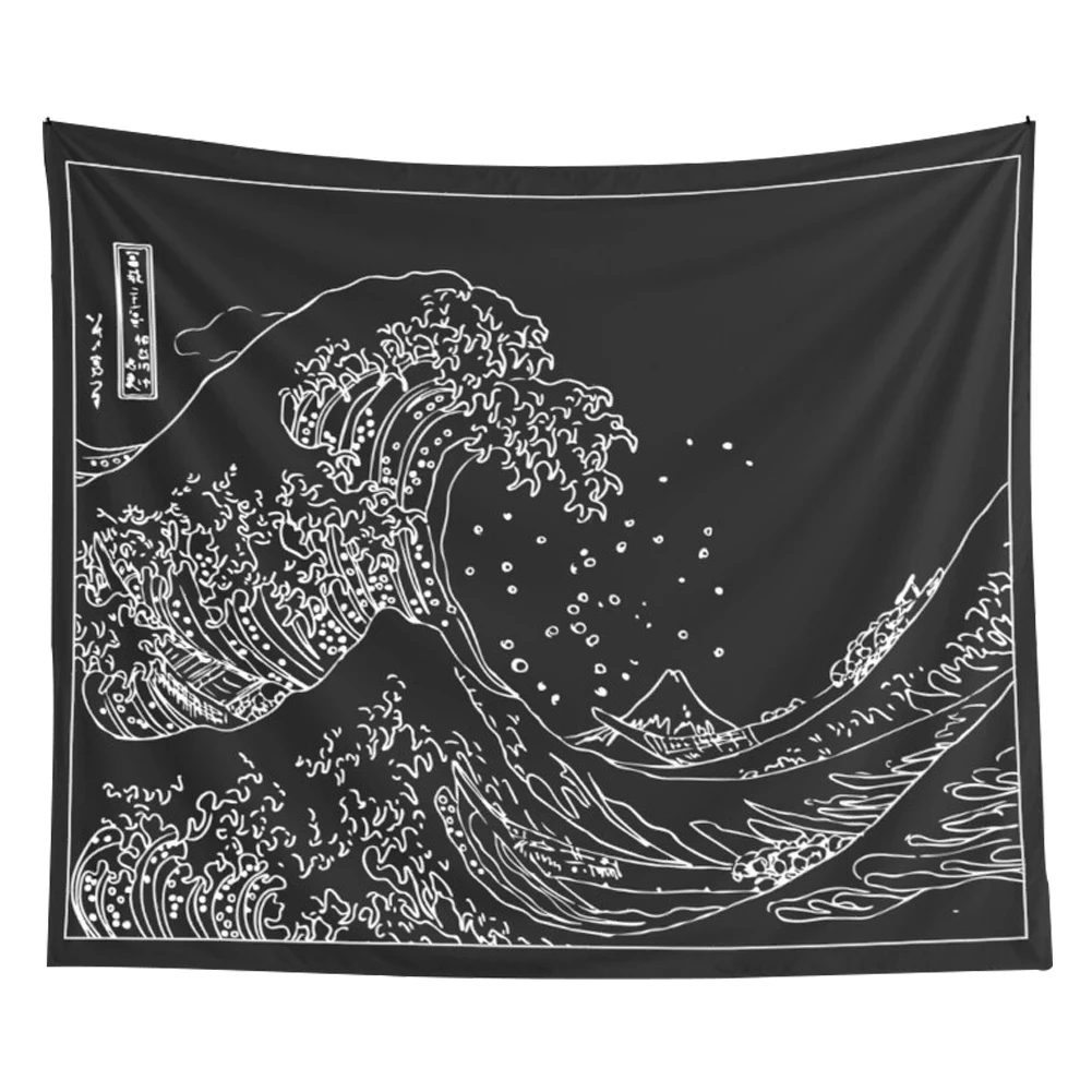 

Retro Japanese Kanagawa Wave Black and White Wall Hanging Tapestry Throw Rug Blanket Covering Fabric 200X150cm Large