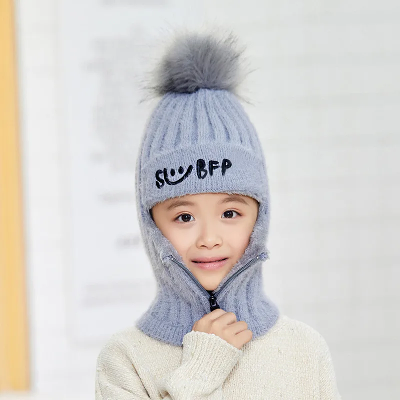 

Children Winter Warm Knitted Hat Baby Rabbit Hair Plush Cap One-piece Zipper Protective Face Neck Hat Autumn Wool Beanies Caps