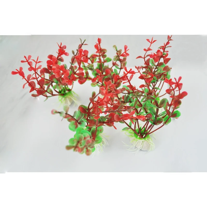 

5Pcs Red Green Plastic Plant Decor w Ceramic Base for Fish Tank Aquarium
