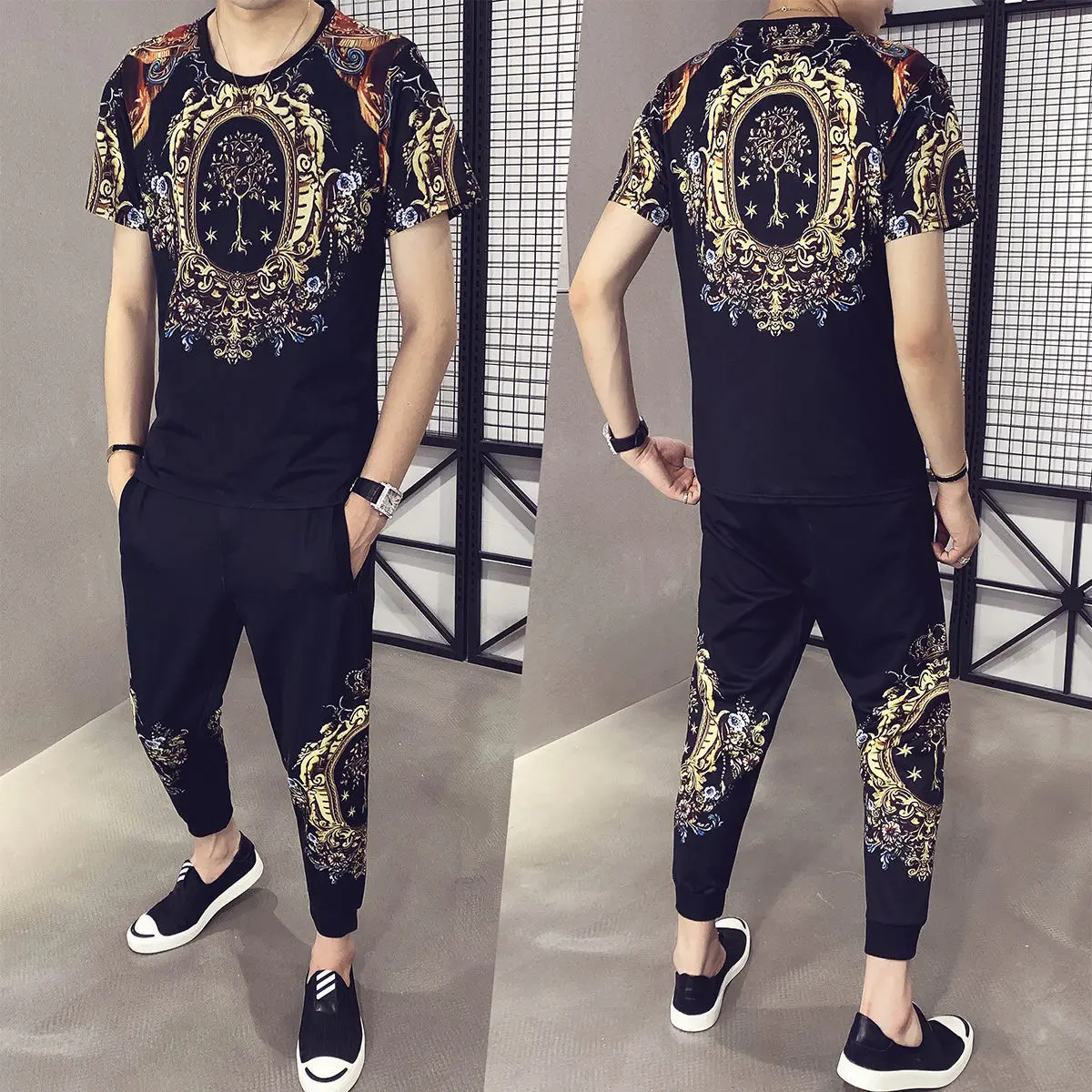 

Ice silk Outfits male summer student Korean fashion handsome short sleeve net red spirit guy social clothes male set