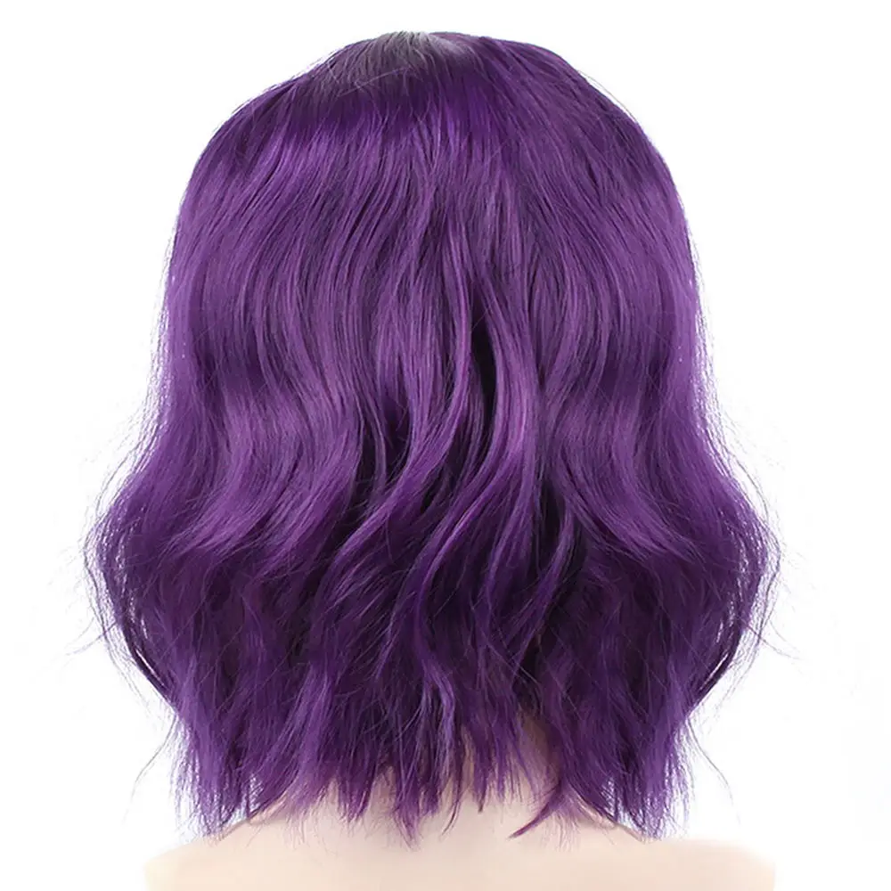 Dark Purple Pageup Short Natural Wave Synthetic Wig For Black Women Purple Wigs with Bangs Heat Resistant Fiber Hair Wigs - Цвет: Dark Purple