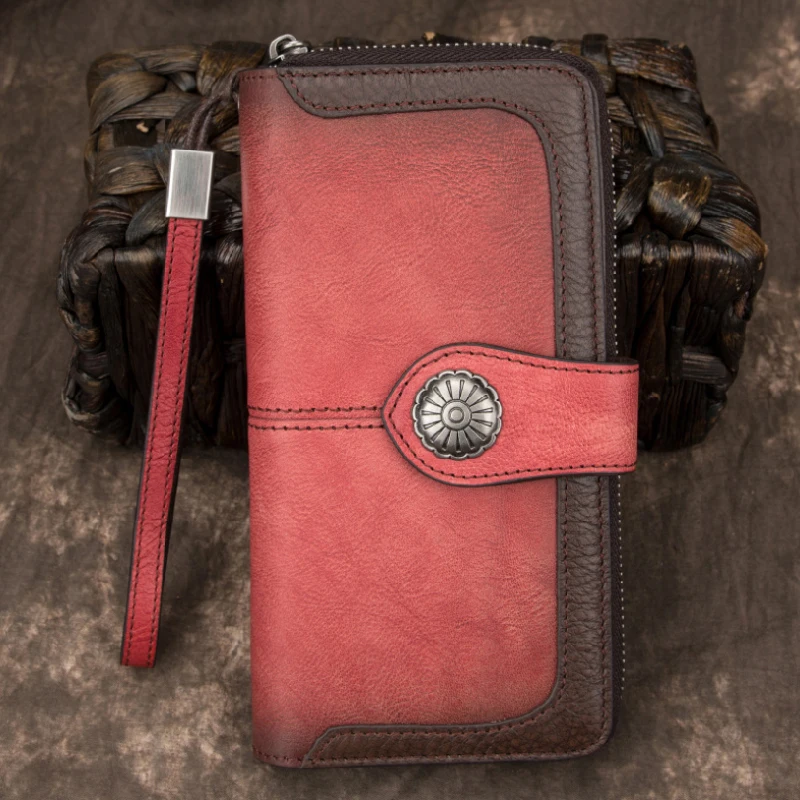 Кожаный женский длинный кошелек винтажный Модный клатч из натуральной воловьей