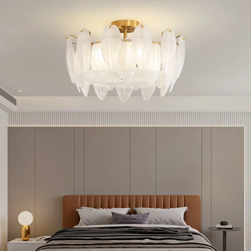 

Modern Feather Glasses Light Luxury Ceiling Lights E14 Iron Gold Creative Feather Chandelier Living Room Bedroom Lamp