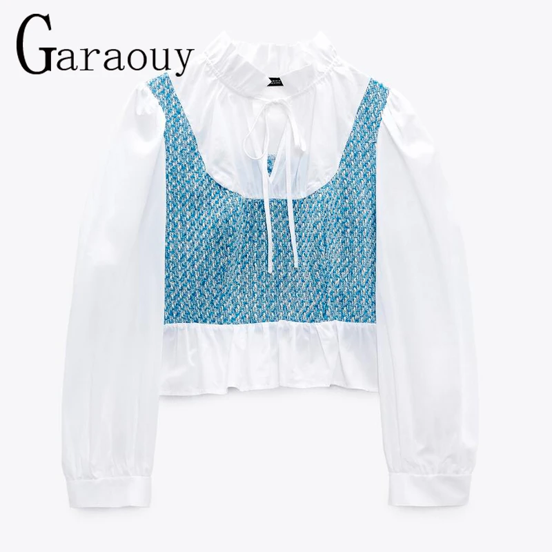

Garaouy 2021 милые модные твидовые блузки с пэчворком, винтажные рубашки, женские рубашки, блузы, шикарные топы, женская блуза