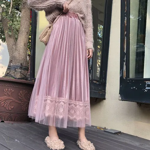 Осенняя бархатная юбка TingYiLi с тюлем кружевная бежевая синяя розовая Черная