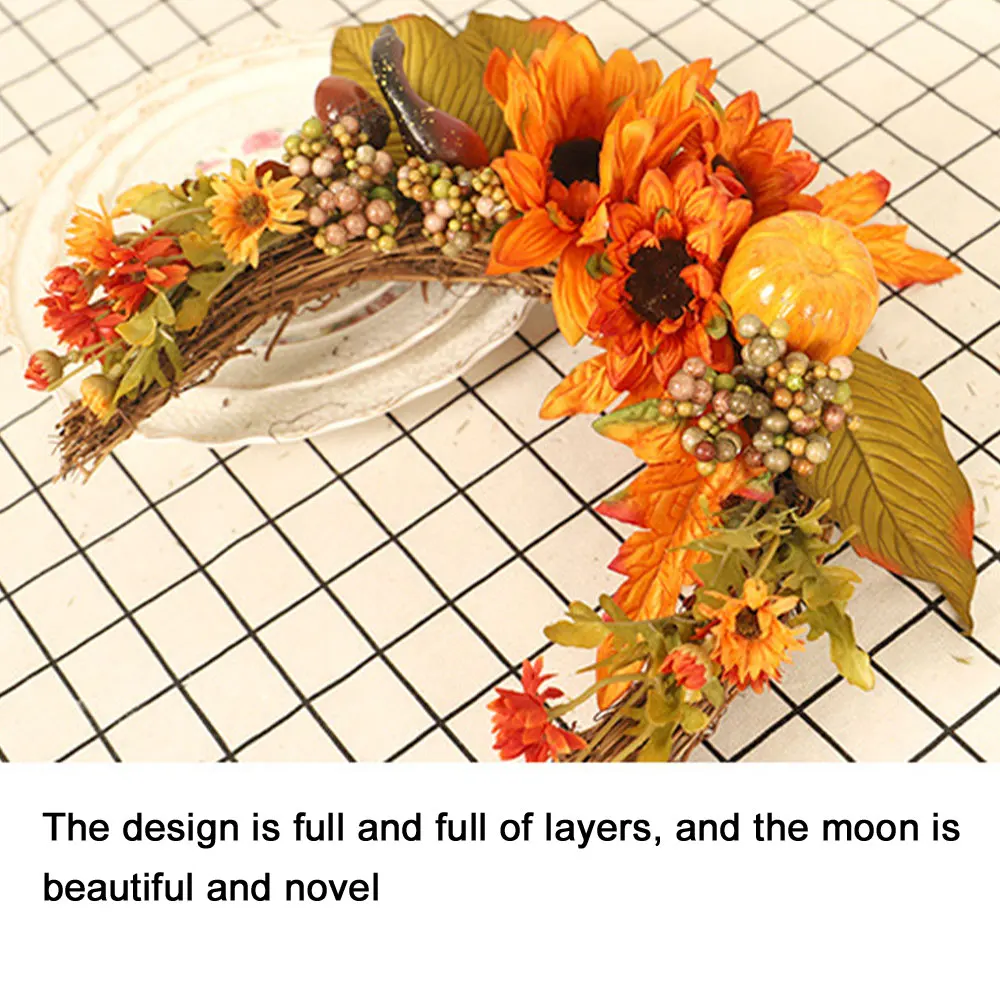 

Artificial Flower Autumn Rattan Wreath Garland with Pumpkin Maple Leaf Half Moon Shape Door Wall Harvest Thanksgiving Ornament
