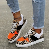 sexy leopard flat womens canvas shoes summer fashion orange mixed color lace up vulcanize shoes for women platform casual shoes