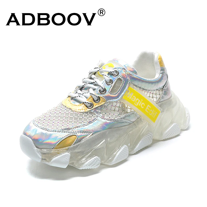 

ADBOOV Jelly Summer Sneakers Women Patent Leather Mesh Breathable Women Shoes Fashion Chunky Sneakers Ladies