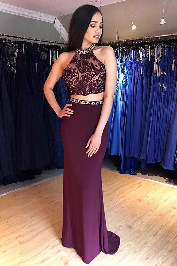 

Sexy New Cheap 2 Pieces Prom Dresses 2020 High Neck Sleeveless Beading Chiffon Evening Dress Party Gowns Vestido de festa