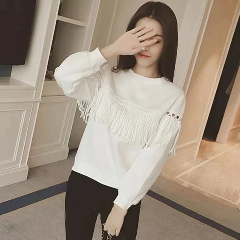 Свитер женский весенне-осенний короткий с бахромой и длинным рукавом - купить по