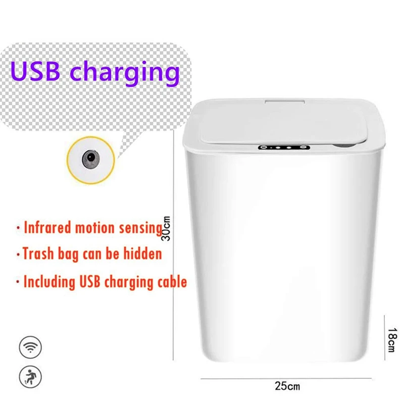 

Sensor Trash Can,Kitchen Contactless Trash Can with Lid,Batnroom USB Charging Smart Garbage Can Waste Bin White 14L