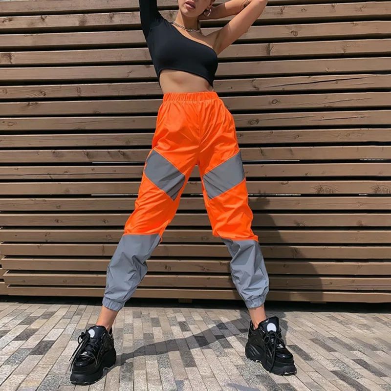 Светоотражающие спортивные брюки осень зима женские Jogger с высокой талией, из лоскутов спортивные брюки уличная праздничная одежда брюки - Цвет: Оранжевый