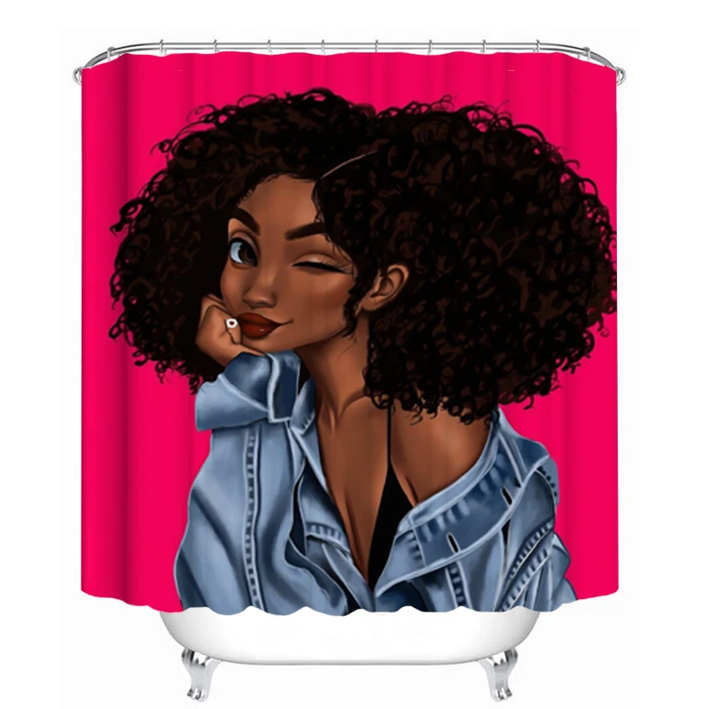 Сексуальный милый подмигивающий африканский девушка душевая завеса / коврик для ванны / набор туалетной коврика огненно-красного узора противоскользящий ковер из фланели для ванной комнаты.