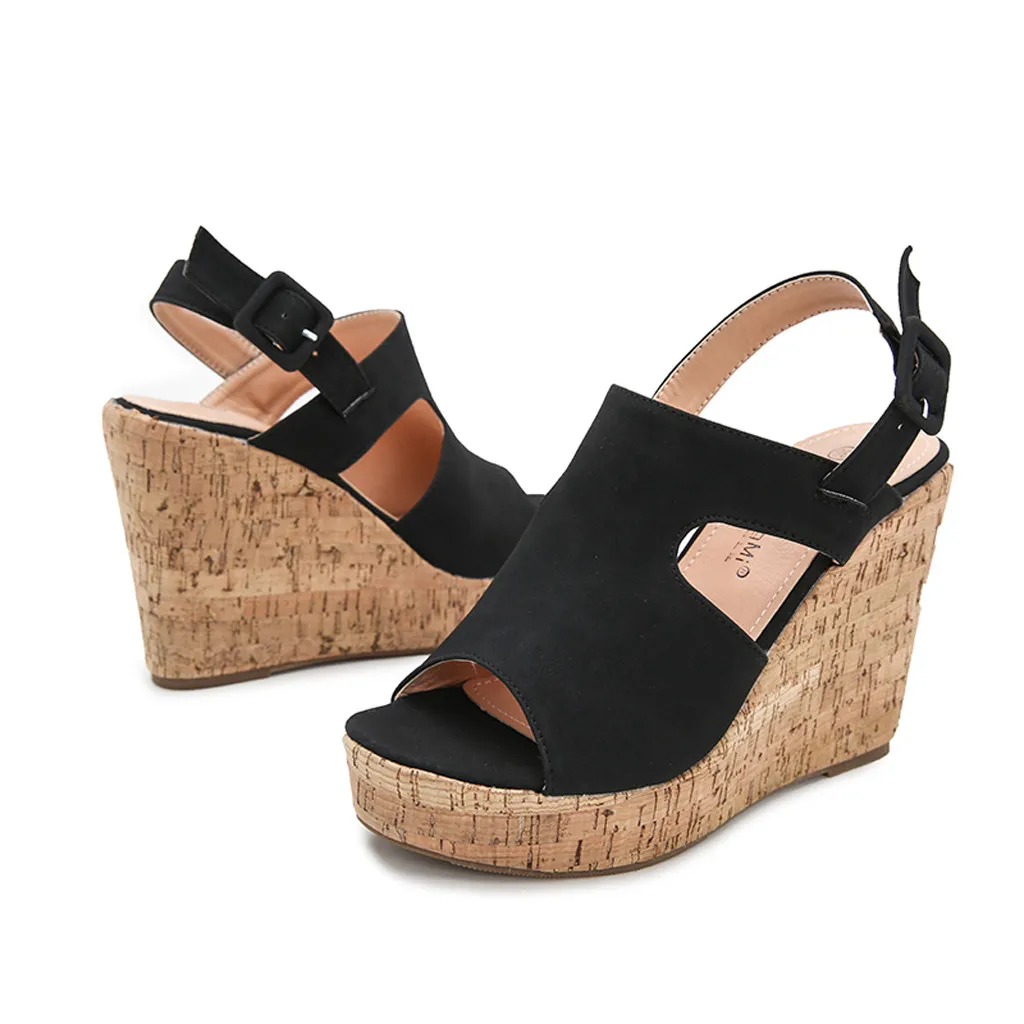 Женские босоножки на платформе летние туфли танкетке с пряжкой и толстой