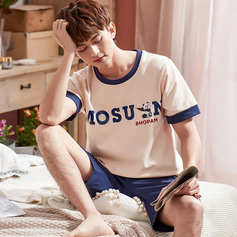 

Pajamas Spring Summer Men Short Sleeve Shorts Cotton Korean-style-Outer Wear Casual Homewear Set