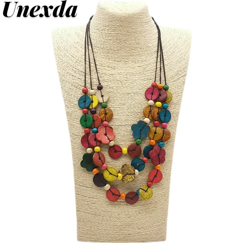 

Unexda Wooden Long Necklaces Color Handmade Round Flower Shape Rope Chain Necklace For Women Bohemian Statement Layered Choker