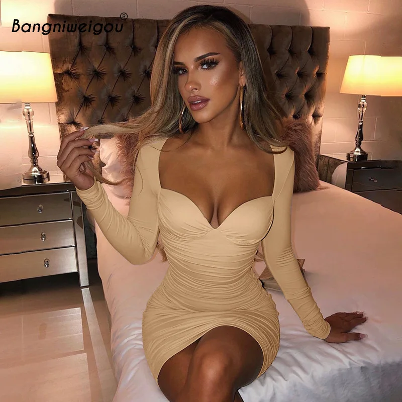 

Bangniweigou Retro Plunge V Bodycon Dress Women 2021 Autumn Long-sleeve Slim Body-shaping Tight Dress Clubwear Lady Khaki Sheath
