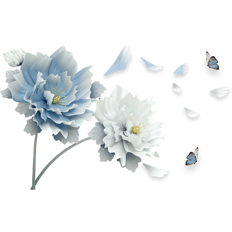 Large White Blue Flowers Lotus Butterfly Removable Wall Stickers 3D Wall Art Decals Mural Art for Living Room Bedroom Decor