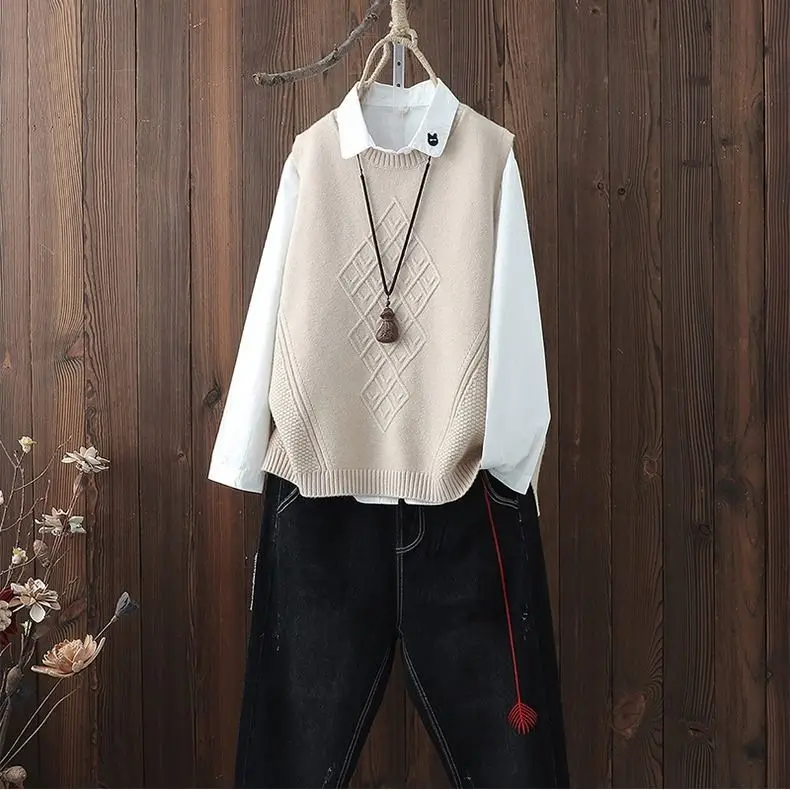 Женский вязаный жилет шерстяной с круглым вырезом свободный свитер в Корейском