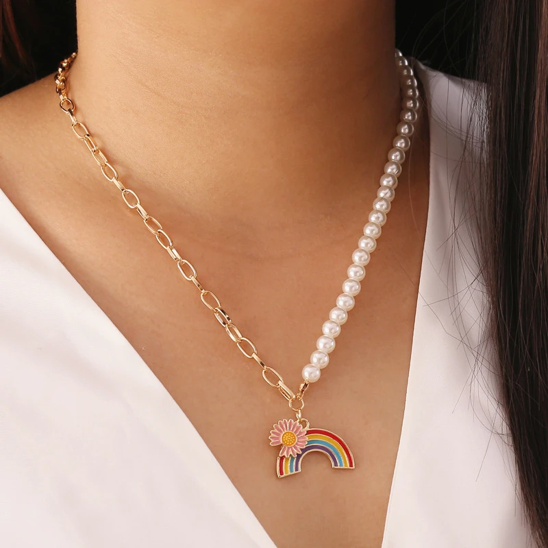 

Beauty Design Fashion Colorful Rainbow Flowers Necklace Gift For Friends Women Girls Necklace Pendientes Jewelry Accessories