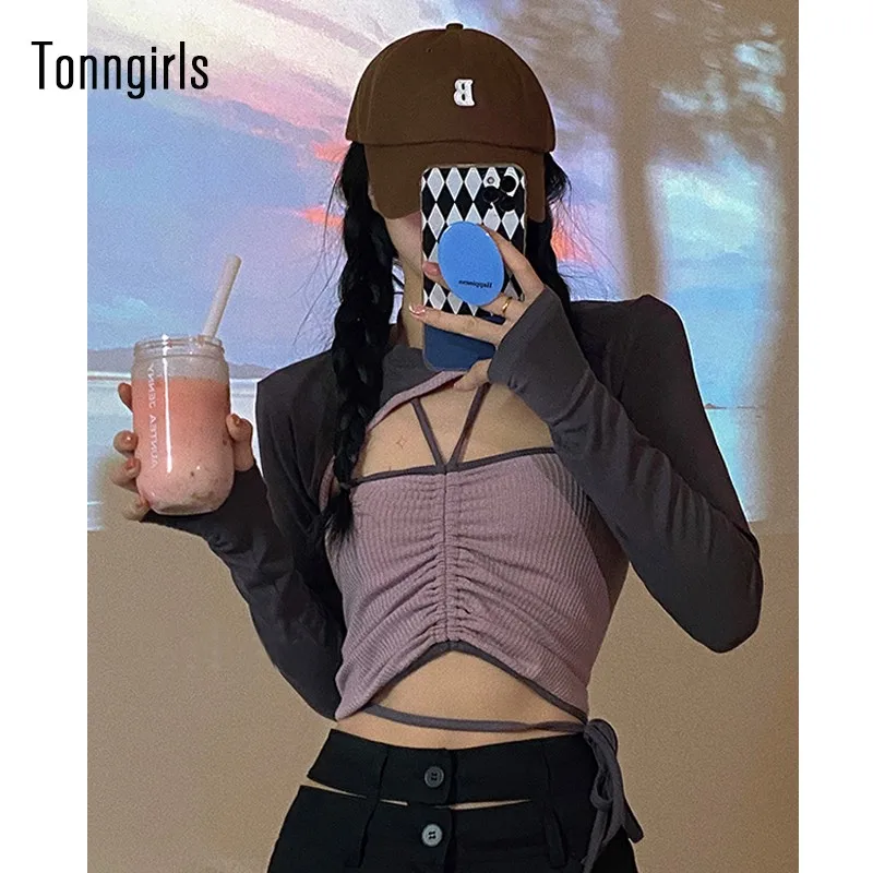 

Кроп-топ Tonngirls с принтом краски на завязках, Женская Повседневная футболка из 2 предметов, винтажная уличная одежда Y2k, футболки на шнуровке с...