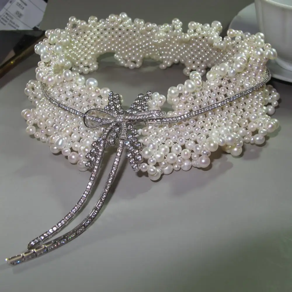 Женские натуральный пресноводный жемчуг бантик колье чокер воротник роскошные