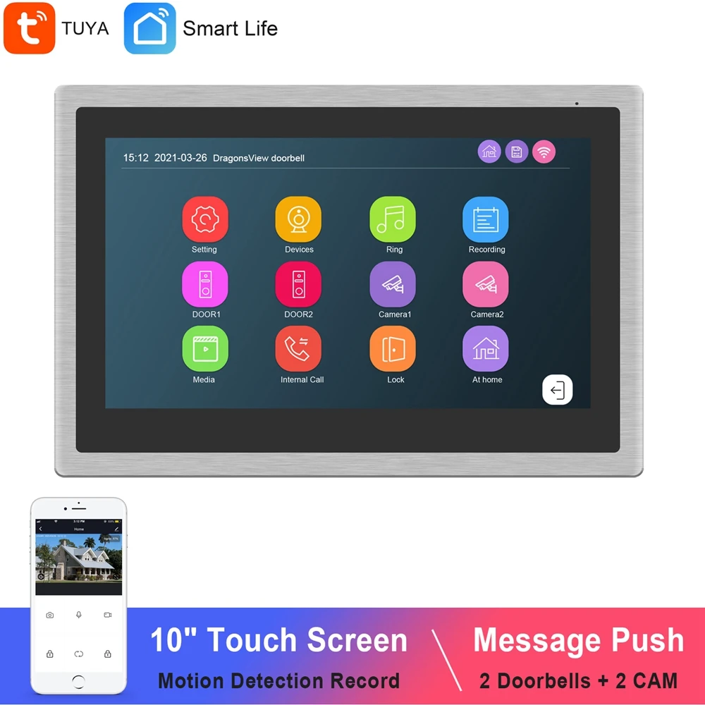 Tuya Wifi Video Intercom Voor Home Video Deurtelefoon 10 Inch Touch Screen Monitor Werkt 2 Deurbellen 2 Camera 'S Smart telefoon Controle