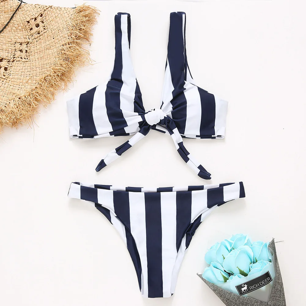 

Woman Striped Bikini Triangle Thong Bikini One Set Of Chest Knotted With Chest Pad Without Steel Support