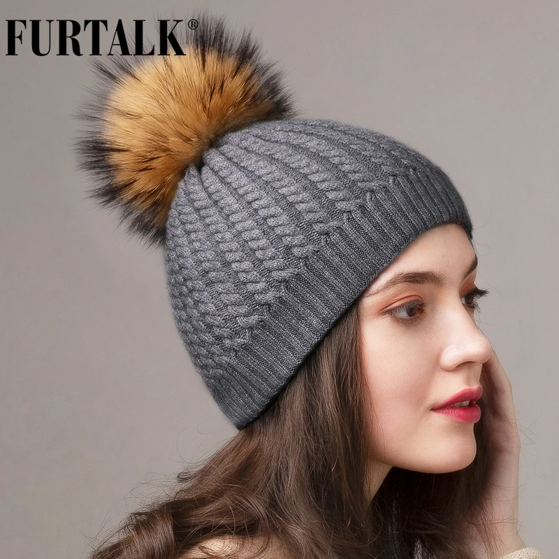 Furtalk Настоящее Меховая Шапка Женская Двойная Подкладка Настоящее Большой Енота Помпон Шапки Для девочки Шляпа Женские Зимние Балаклава