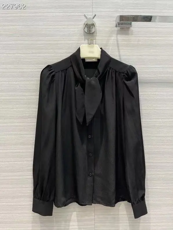 

High Quality Runway Fashion Women's Shirt 100% Silk Retro Bow Collar Single Breasted Elegant Black Autumn 2021 ladies Top
