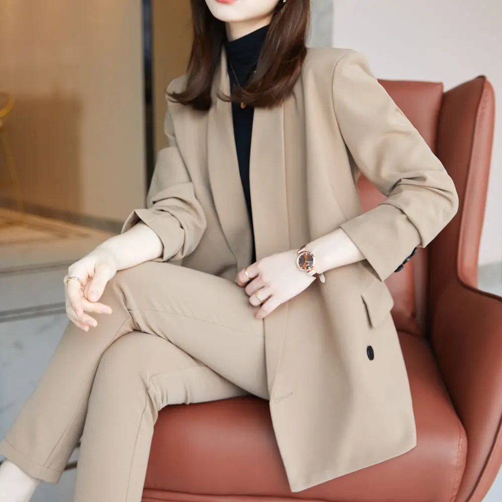 Korean office two piece suit skirt suit autumn and winter elegant long sleeve loose jacket pants two piece women's suit Khaki