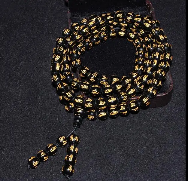 

8mm Tibetan black obsidian Bead carve Mantra om mani padme hum Amulet Bracelet