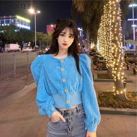 basic jackets women slim cropped corduroy daily puff sleeve clothing leisure spring solid all match o neck coats single breasted