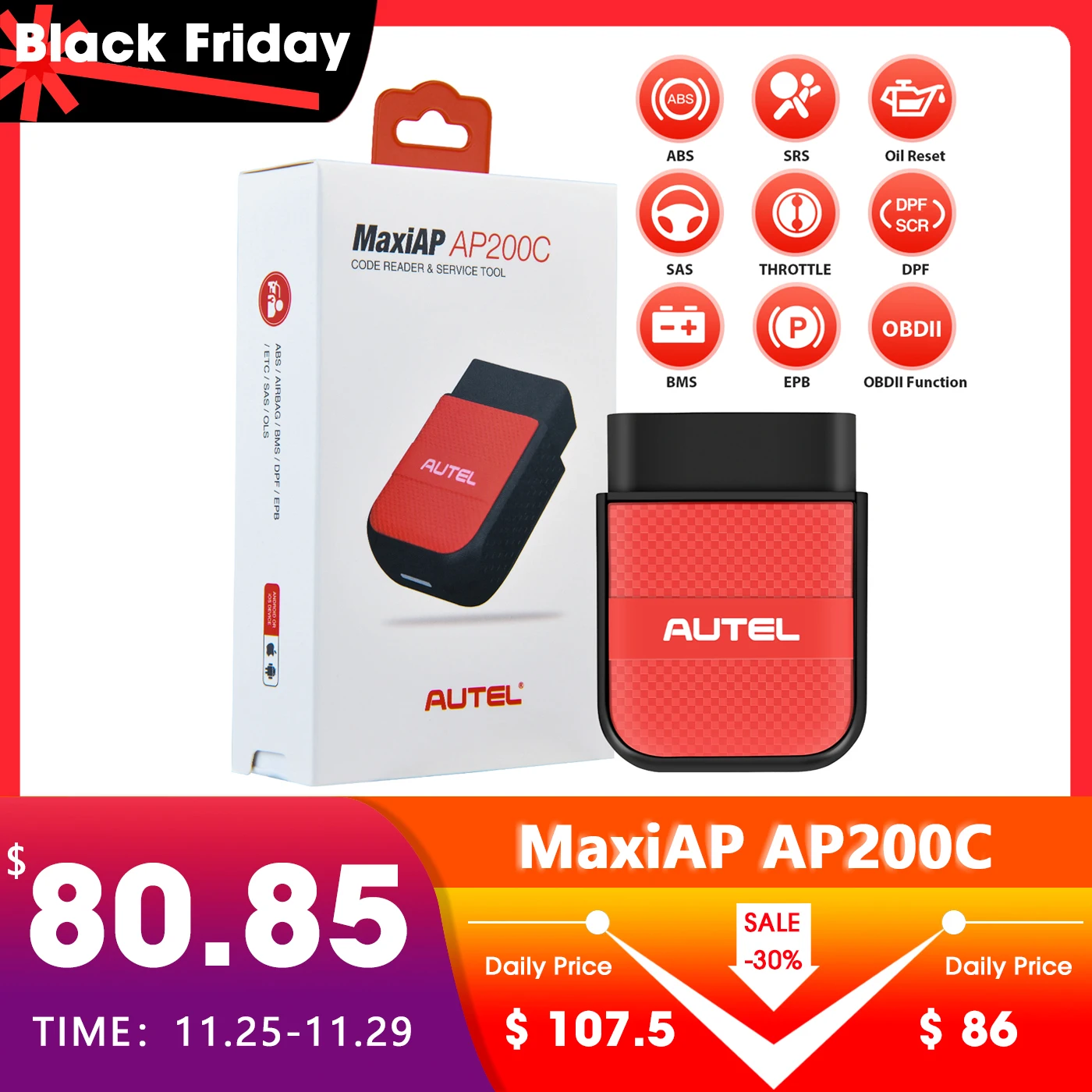 Autel MaxiAP AP200C Bluetooth-совместимый ODB2 сканер считыватель кодов полнофункциональный