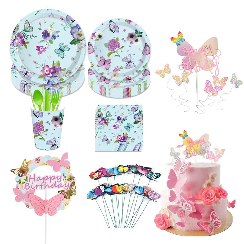 Бабочки вечерние одноразовая посуда чашки пластин салфетки Baby shower Декор Бабочка
