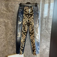 high quality fashion runway womans jeans retro patchwork jacquard street ripped jeans comfort leisure woman 2021