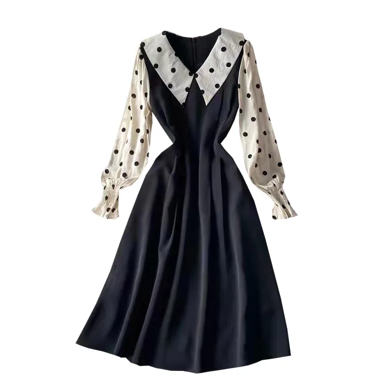 

dress spring new style retro elegant temperament wave point sleeve spell receive waist show thin medium length