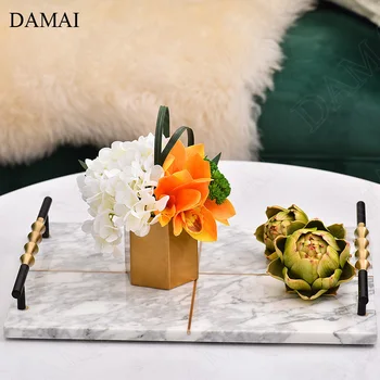 Creative Natural Marble Trays Decorative European Light Luxury Coffee Table Large Copper Handle Tea Set Wine Glass Storage Tray