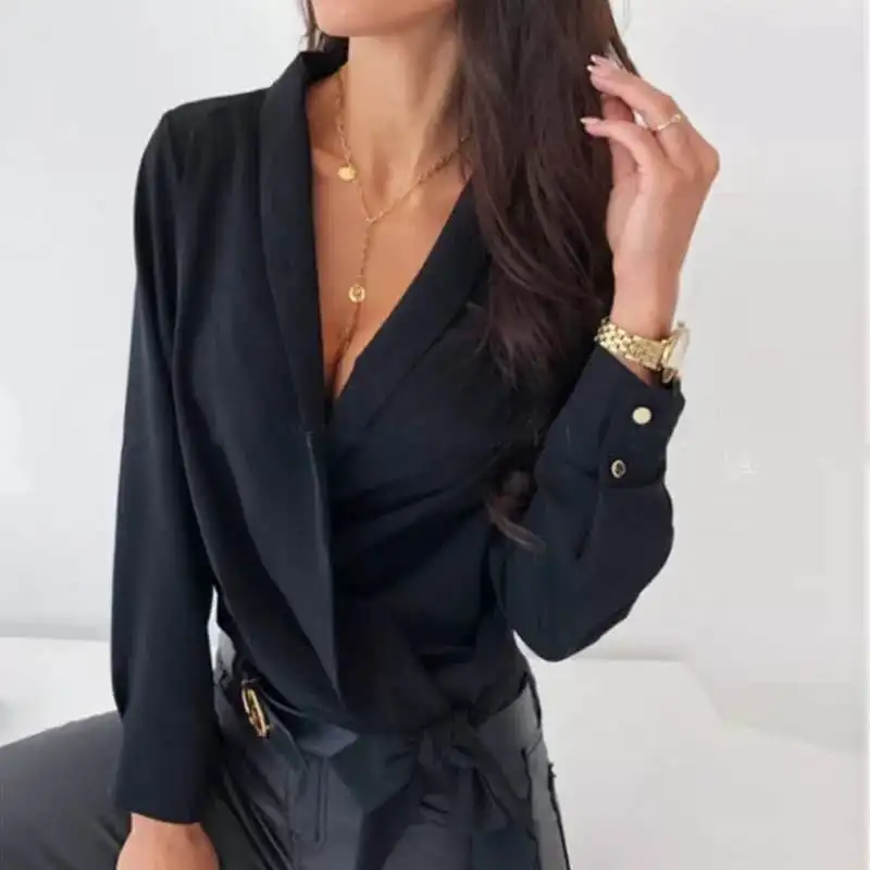 

V neck office ladies blouses shirts Long sleeve autumn winter female white tops Sexy party club slim women blouse