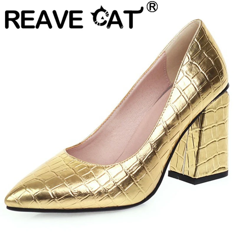 

REAVE CAT Shining Sexy Shining Spring Autumn Pumps Pointed Toe 8.5cm Hoof Heels Slip on Patent Leather size 31-48 Party S1901