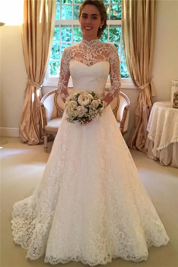 

Elegant Vintage Plus Size Wedding Dresses High Neck Long Sleeves Lace Draped Backless Bridal Gowns