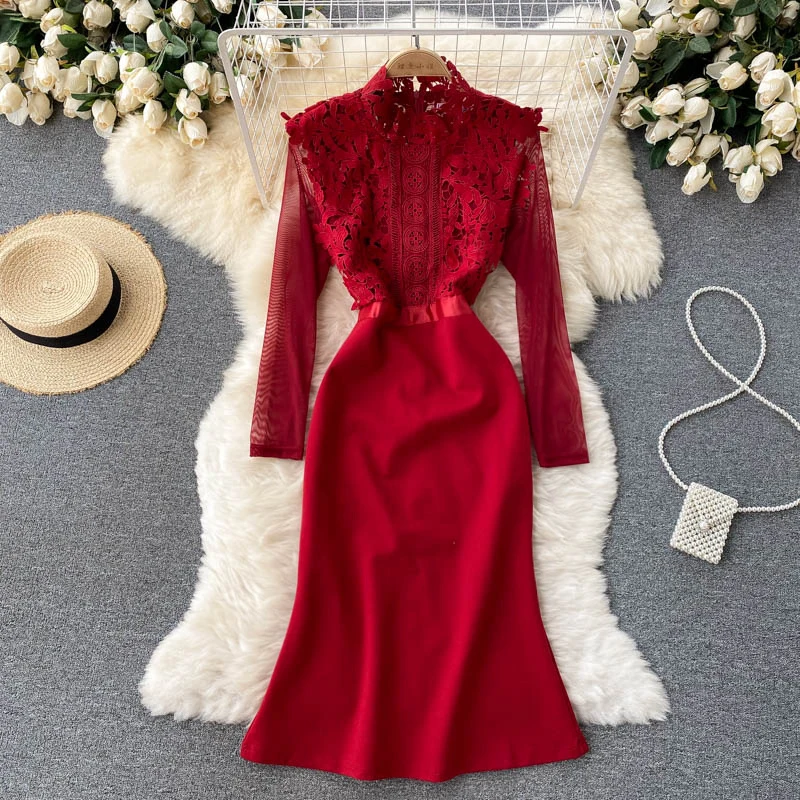 

Autumn Women Red Lace Hollow Out Party Dress Female Vintage Long Sleeve Stand Collar High Waist Elegant Mermaid Vestidos 2021