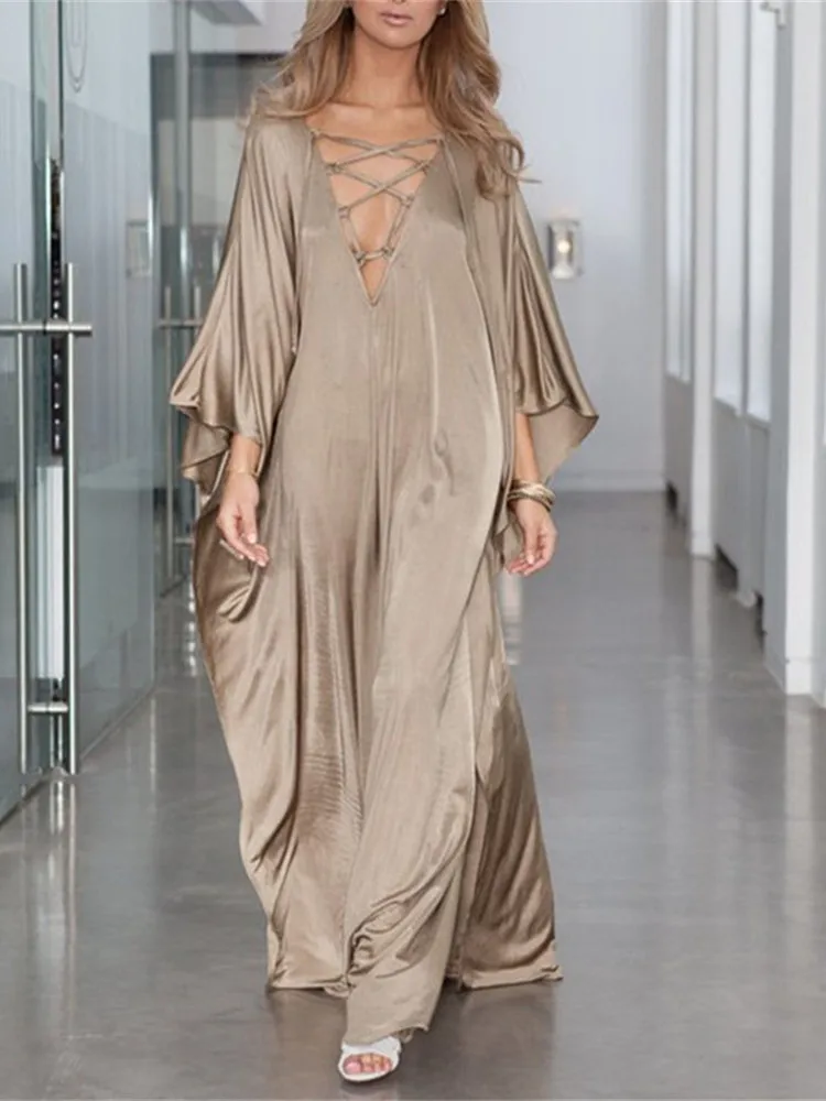 

2021 New Sexy Deep V Neck Bikini Cover Up Women Maxi Dress Boho Beach Loose Summer Vestidos Casual Long Robe Plus Size Cover up