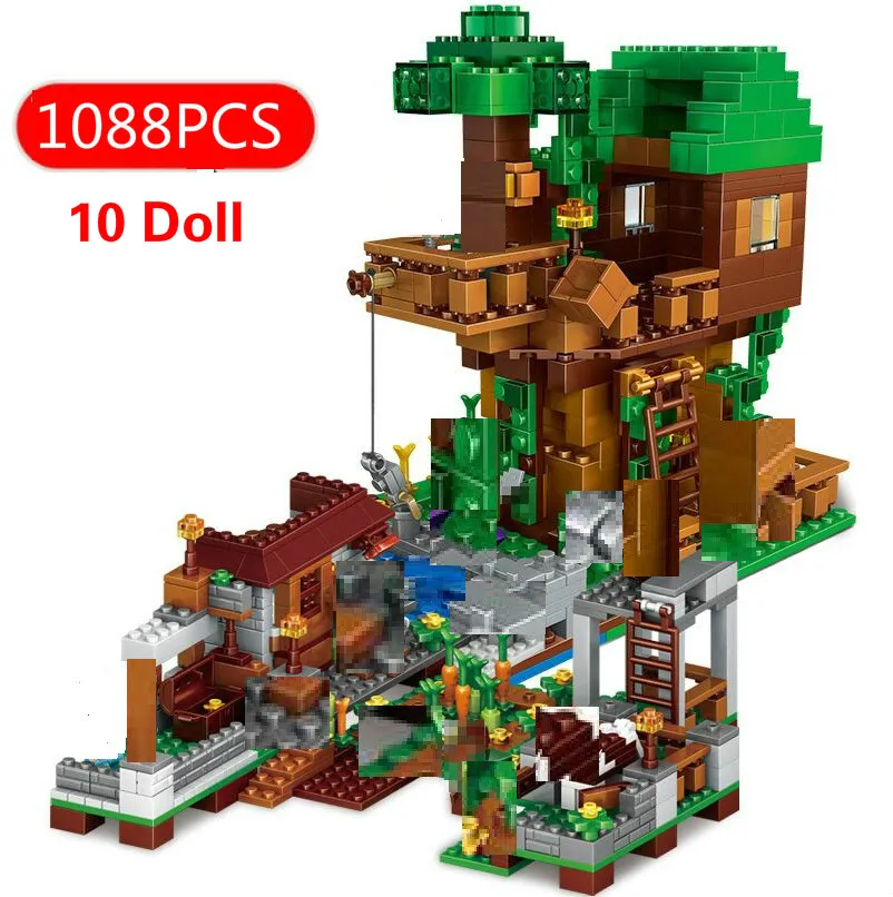 

1208PCS My World Mountain Cave Bricks Village Warhorse City Tree House Waterfall Model Building Blocks with Figures DIY Toys